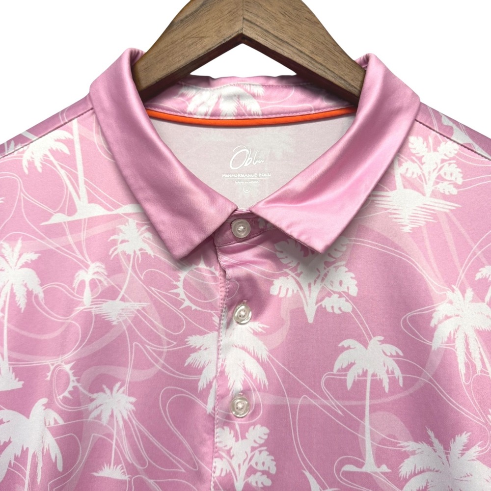 Obla Performance Polo Mens L Tropical Palm Tree Golf Stretch Outdoor Athleisure